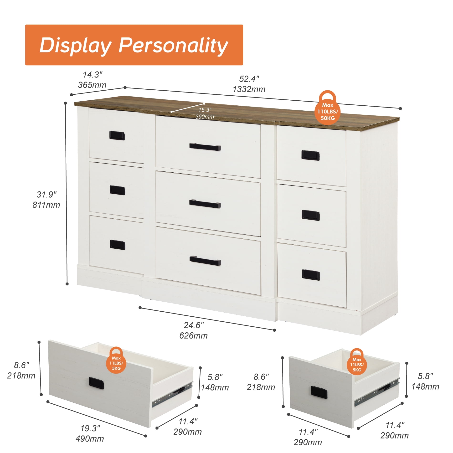 Mid Century Modern Dresser for Bedroom, 52.4" Wooden Storage Dresser with 9 Drawers for Living Room,Hallway,Antique White