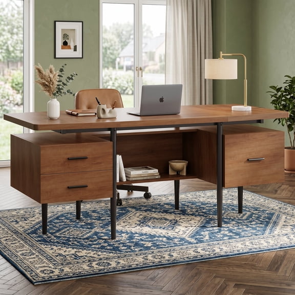 Angrywin 70.9" Executive Desk with Drawers, File Drawer & Privacy Panel, Brown