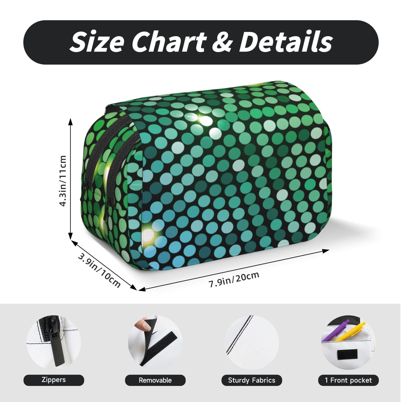 Rateoe Green Disco Lights Pattern Double Clamshell Pen Case, Storage Organizer with Two Zipper Compartments– Holds Up to 50 Pencils & Pens