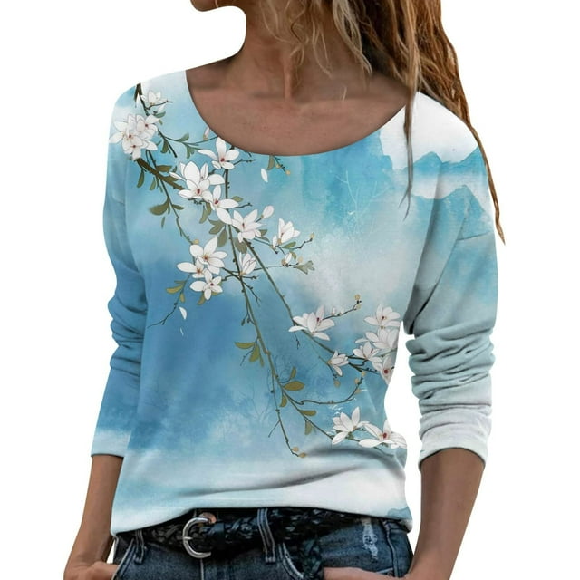 T-shirts à Manches Longues Col Rond pour Femmes Hauts Tunique Imprimée Florale Tendance Hauts Décontractés Amples Confortables Chandails en Molleton Blouses
