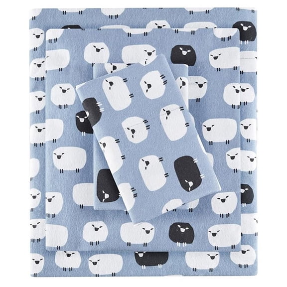 Pemberly Row Contemporary 100 Percent Cotton Printed Sheet Set in Blue Sheep