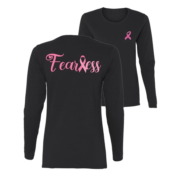 Wild Bobby Breast Cancer Awareness Fearless Pink Ribbon Support Warrior Women Front and Back Women Long Sleeve Tee, Black, Small