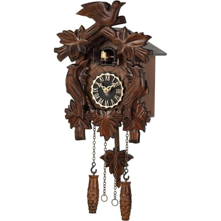 Kintrot Cuckoo Clock, Traditional Black Forest Handcrafted Wooden Quartz Clock For Wall Antique Decroration With Maple Leaf Pendulum, 12 Melodies, Night Sensor And Singing Bird