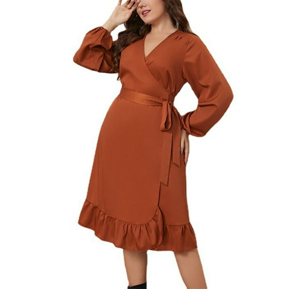 SHTXOZHI Long Sleeve Dress for Women Casual V Neck Wrap Midi Dress A-Line Tiered Dress with Belt