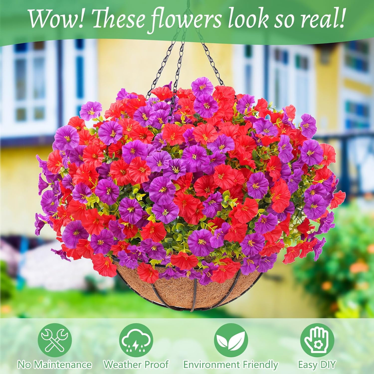 Waipfaru Artificial Hanging Flowers in Basket,Fake Hanging Plants for Outdoors Spring Summer Decoration,UV Resistant Petunias Flower for Garden Porch Patio Balcony Decor