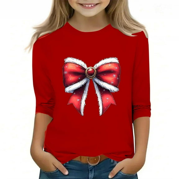AUNVITO Boys & Girls Christmas Print 3/4 Sleeve Shirt Stretchy Casual Comfort Fit Round Neck Holiday Party Top 3-12Y