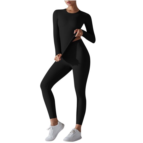 QSXADF Women's High Waist Long Sleeve Yoga Set Solid High Waist Long Sleeve Tight Yoga Set Top And Pants Gym Activewear Women Fall Winter Outfits