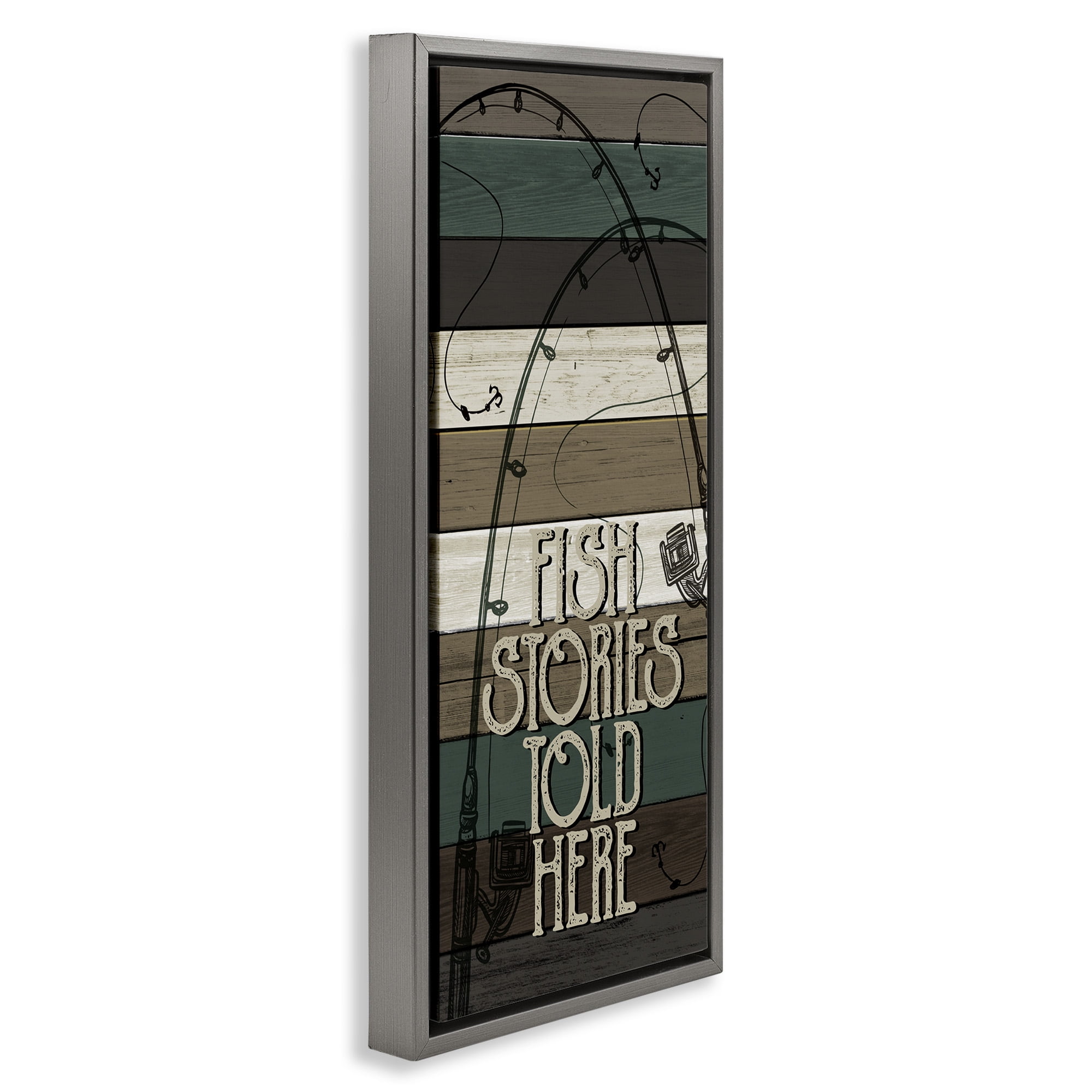 Stupell Industries Rustic Fishing Stories Phrase Inspirational Painting Gray Floater Framed Canvas Art Print Wall Art, 11 x 25