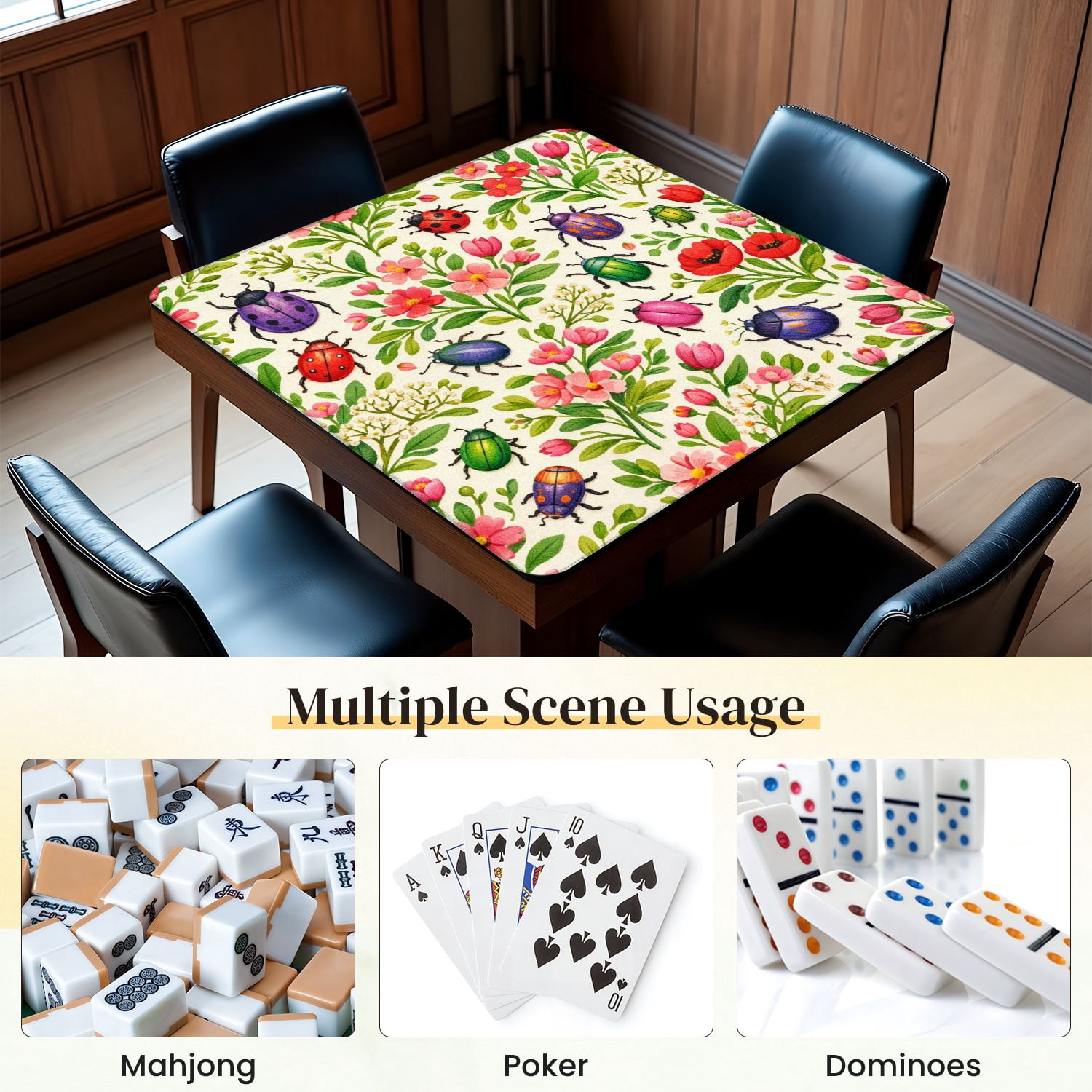 Mahjong Mat 31.5" x 31.5" Colorful Beetles Flowers Vibrant Shades Anti-Slip and Noise Reduction Symmetry Design Mahjong Tiles Table Cover for Dominoes Poker Card Board and Tile Games