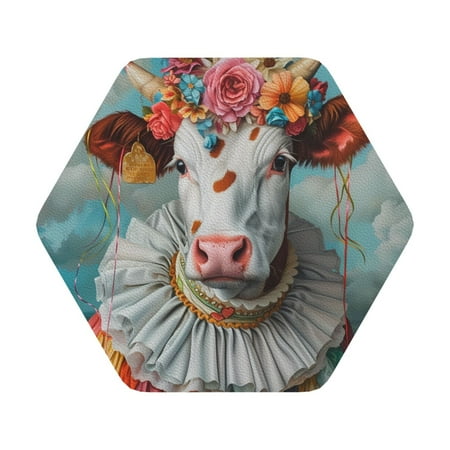 

Matuu Vintage Colorful Floral Cow for Cup Coasters Set of 6 Leather Coasters Desk Coasters for Office Measures 4” x 4” Hexagon