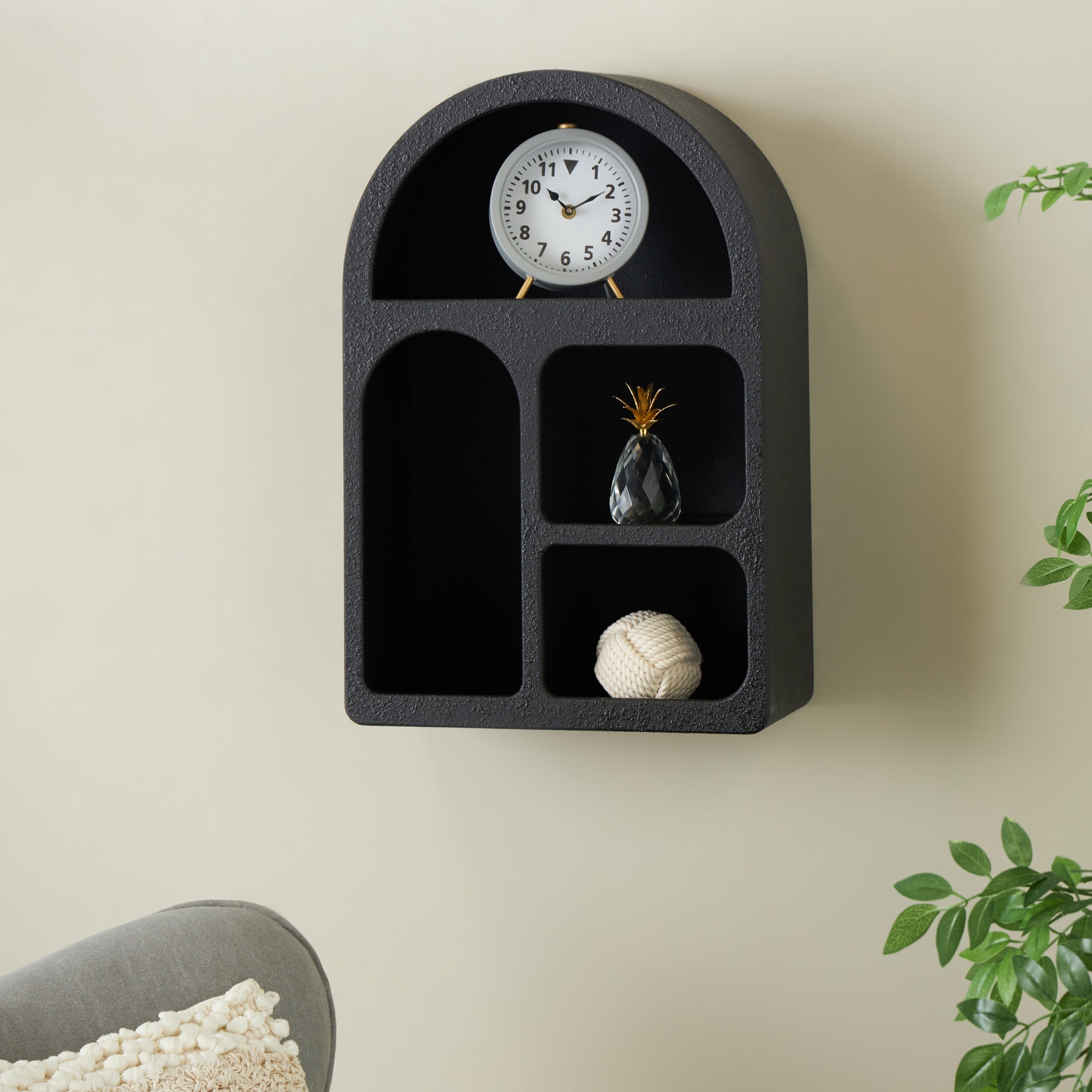 DecMode 16" x 8" Arched 4-Tier Black Geometric Wall Shelf with Rounded Block Shapes