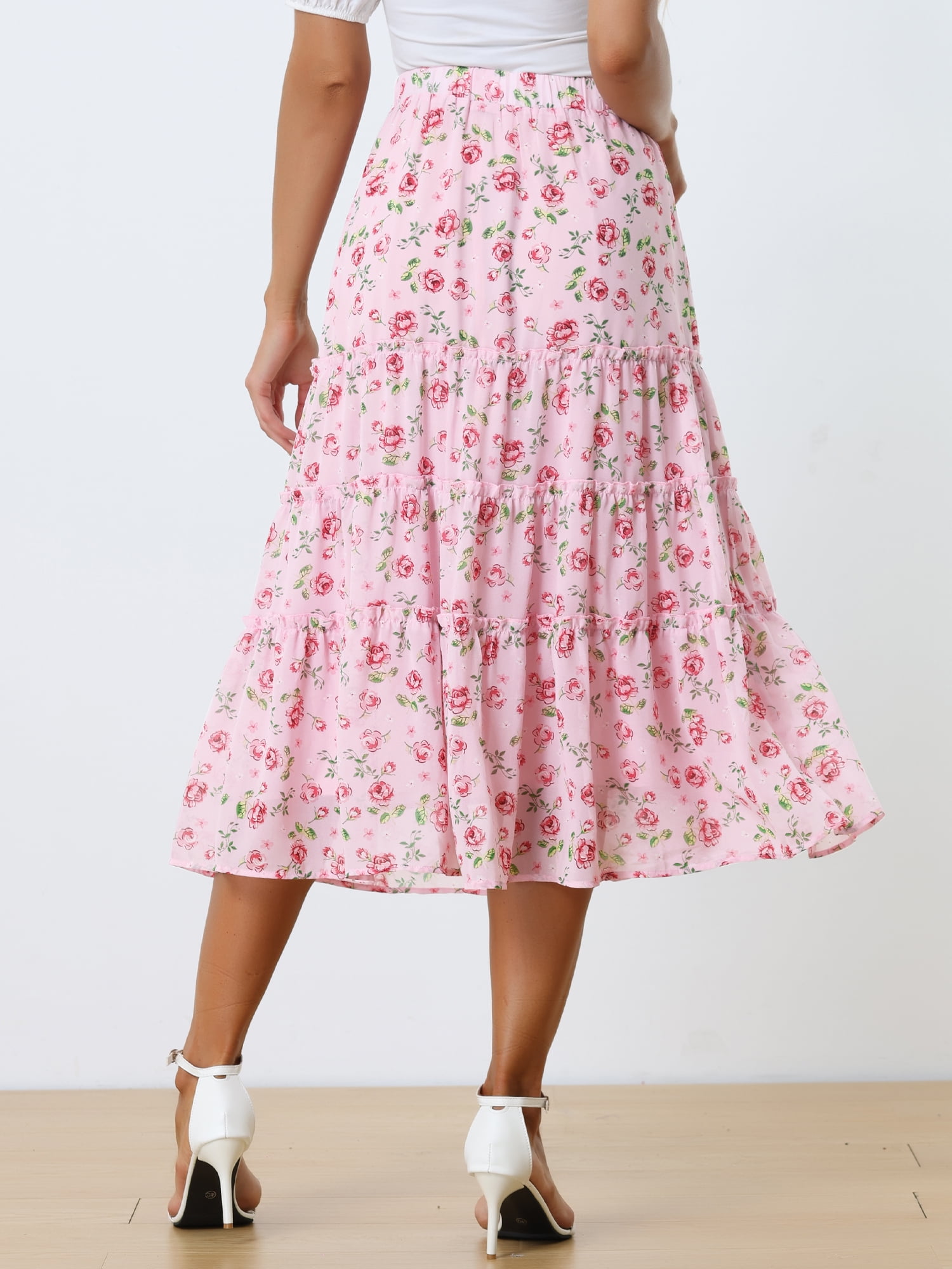 DARING DIVA Women's Chiffon Tiered A-Line Maxi Skirt 3XL Pink Rose