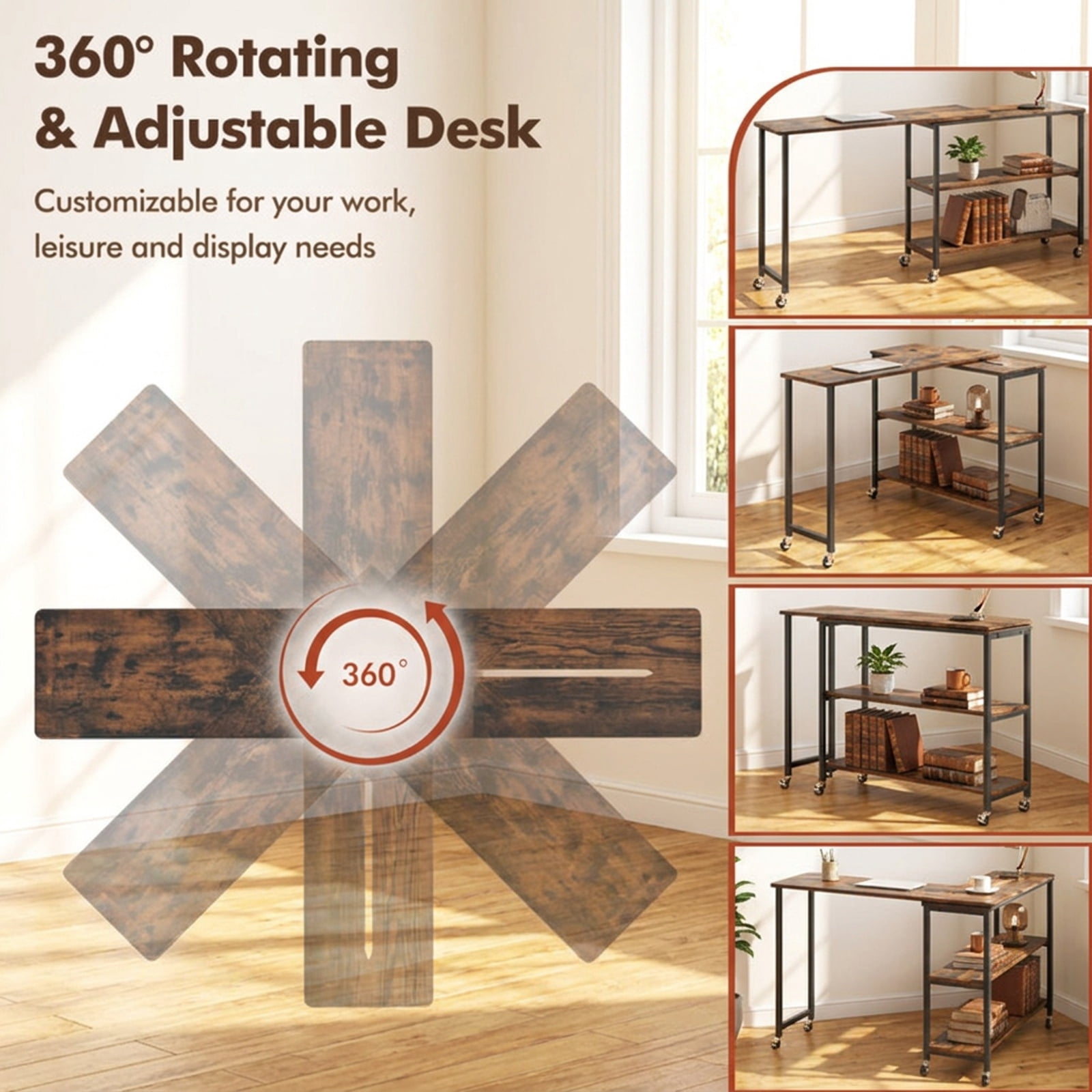 Furnibear Large 360 Degree Rotating Sofa Side Table with Lockable Wheels and Two Tier Storage Shelf for Living Room Office and Entryway, Rustic Brown