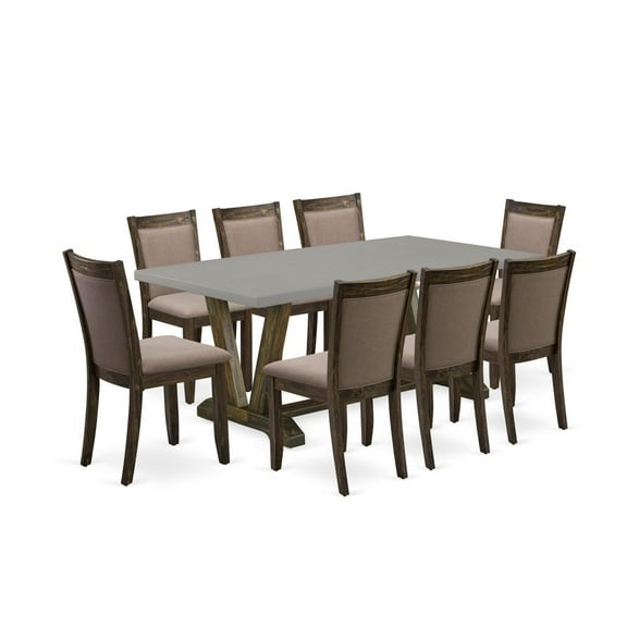 East West Furniture 9 Piece Contemporary Dinette Set - A Cement Top Dinner Table with Trestle Base and 8 Coffee Linen Fabric Mid Century Dining Chairs - Distressed Jacobean Finish