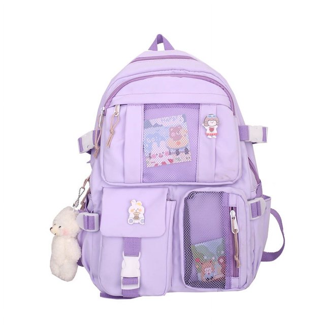 Mochila Kawaii con colgante de oso, lona estética, mochila escolar para estudiantes, bolso de hombro, mochila informal para el regreso a la escuela (púrpura)
