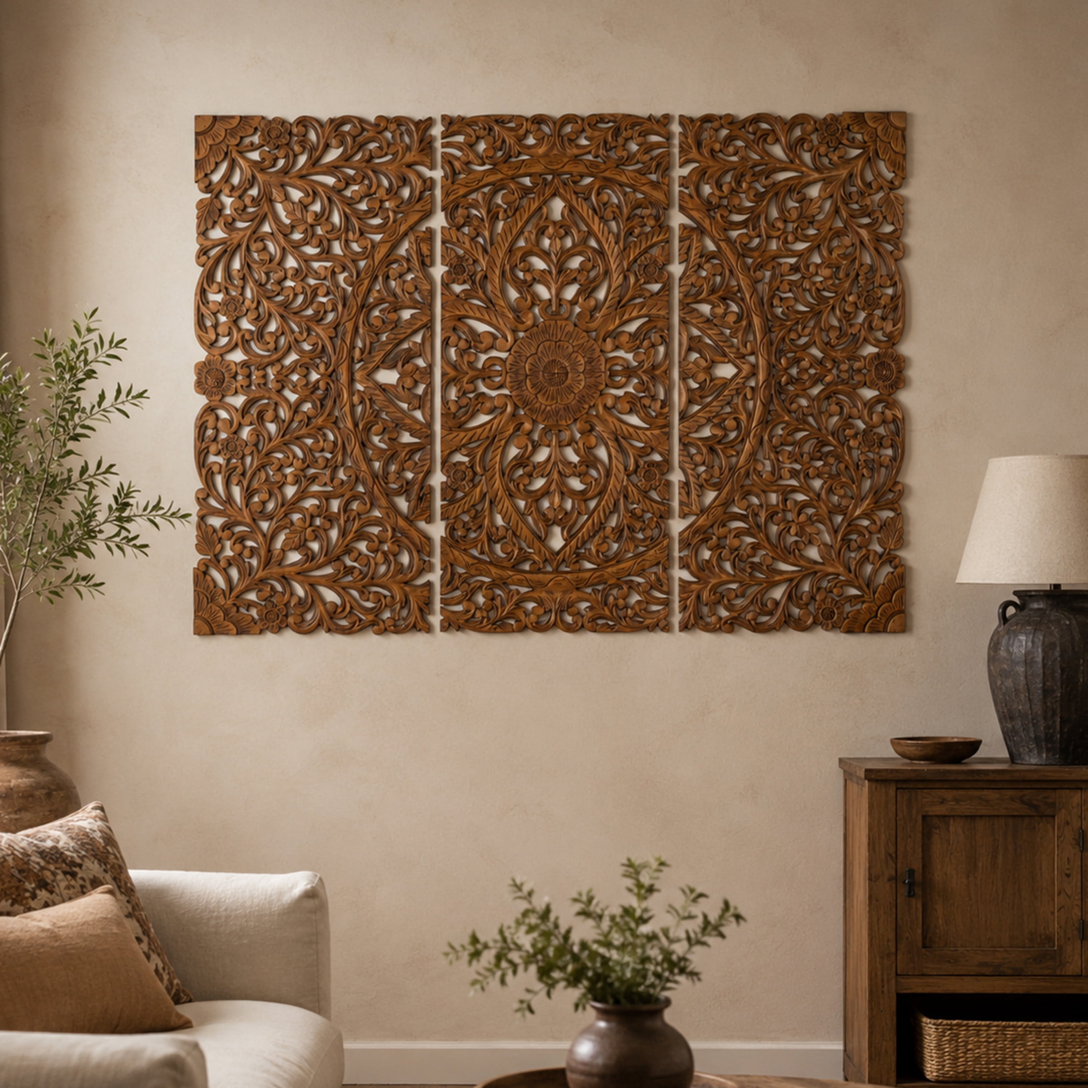 DecMode Brown Wooden Handmade Intricately Carved Floral Wall Decor (3 Count)