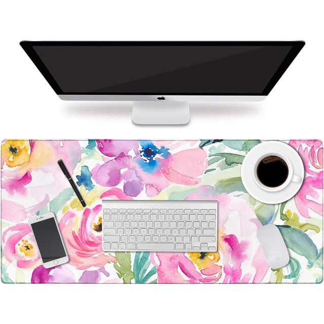 Floral Desk Mat, Extended Desk Pad Mat, Large Mouse Pad for Desk, Waterproof Computer Mat with Edge Stitching, 2 MM Thickness Keyboard Mat with Non-Slip Rubber Base for Office