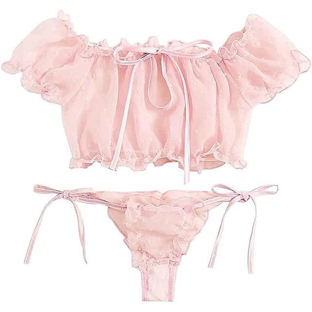 1 pieza (rosa) Conjunto de lencería sexy para mujer, lindo sujetador transparente y bragas, ropa interior de peluche con tiras y lazo ajustable, ropa de dormir traviesa, camisones para regalo de San Valentín Rojo Verde