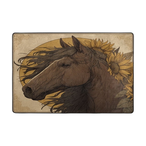 Area Rugs 36"x24" Indoor Non-Slip Wear Resistant Floor Mats Soft Large Carpets for Living Room Bedroom Home Decor Washable Rug Brown Horse with Sunflower