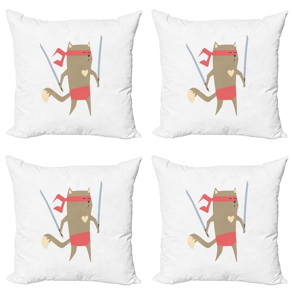 Ambesonne Cat Throw Pillow Cover 4 Pack, Samurai Figh Kitty Ninja, 24", Red Brown