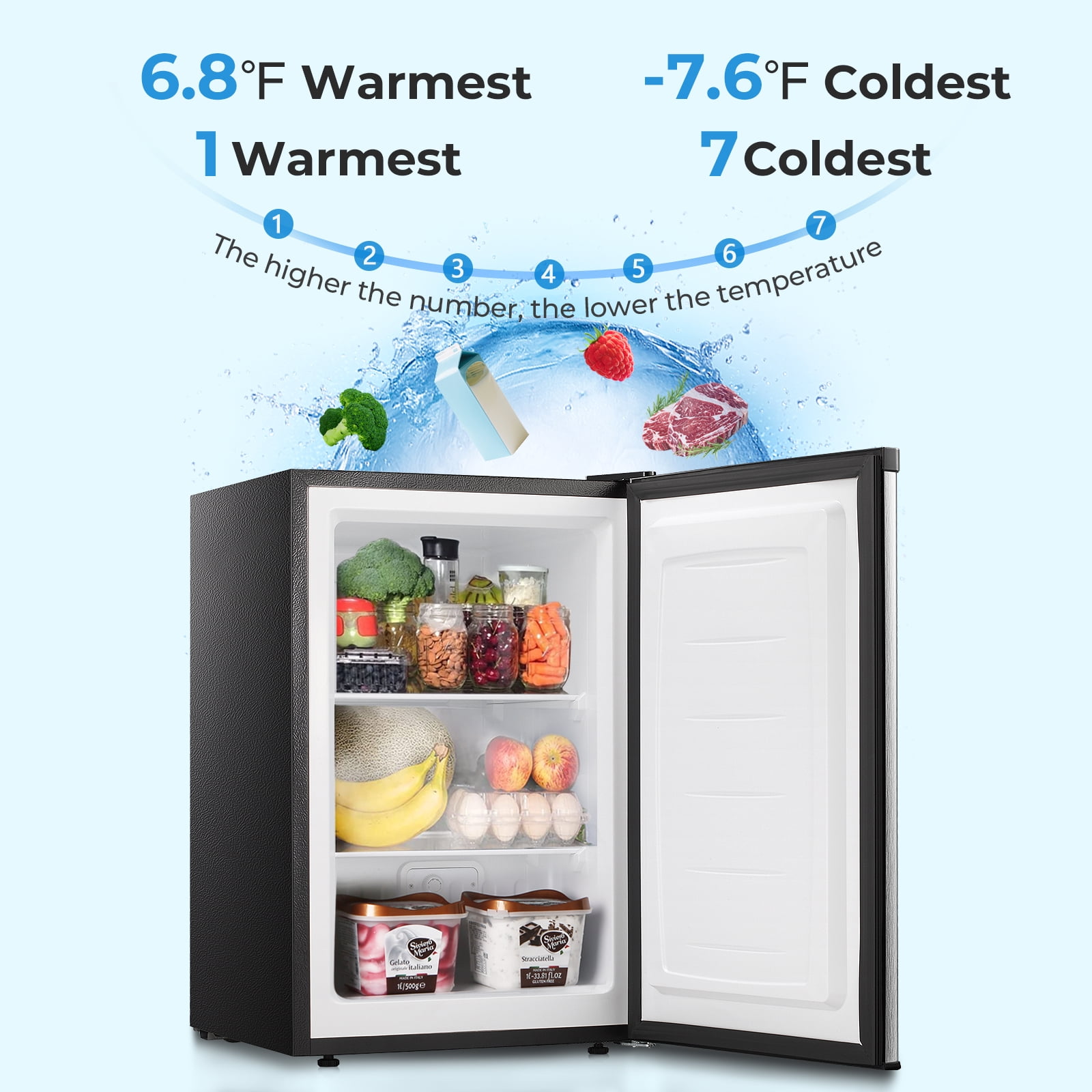 WAA 2.2 Cu.ft Upright Freezer, Small Mini Freezer with Adjustable Thermostat, Removable Shelves, Reversible Single Door, for Bedroom/Home/Dorms/Apartment (Stainless Steel)