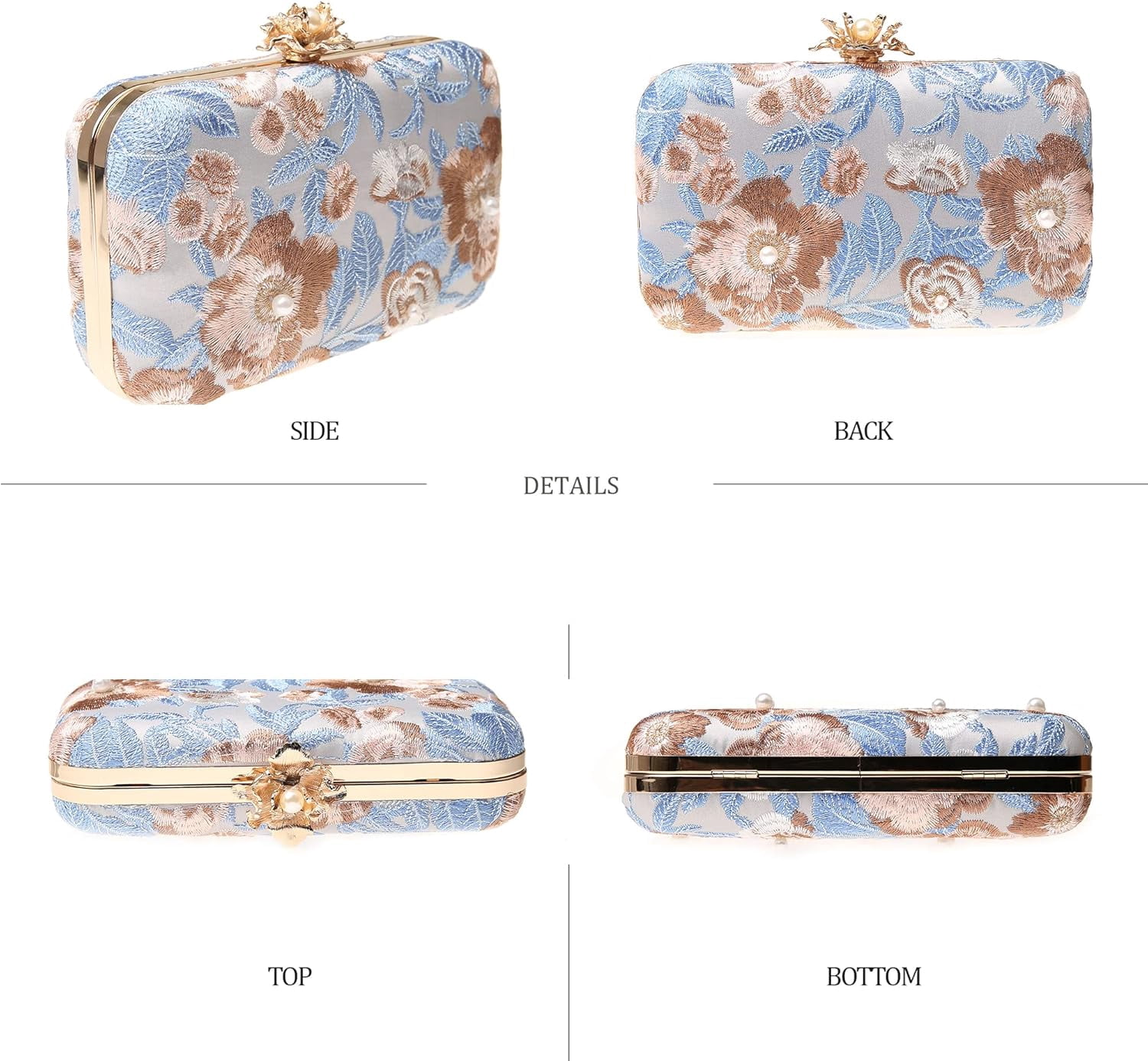 Womens Vintage Floral Embroidery Clutch Evening Handbag Shoulder Bags Purse for Wedding Party Prom