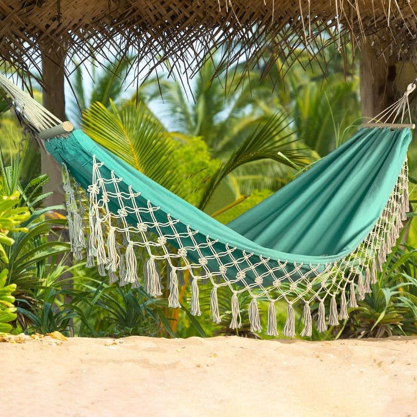 SHANNA Boho Hammock Camping Tassel Hammock for Patio, Yard, Beach Wedding Decor, Outdoor and Indoor, Hanging Hammock Swing,Green