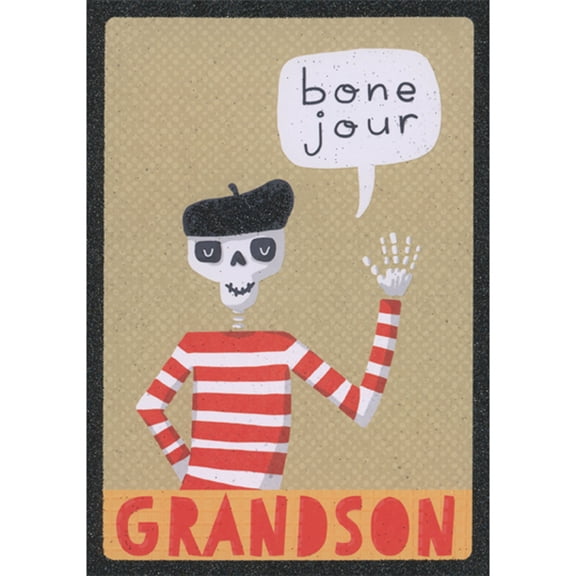 Designer Greetings Bone Jour: Waving Skeleton in Red and White Shirt Halloween Card for Young Grandson