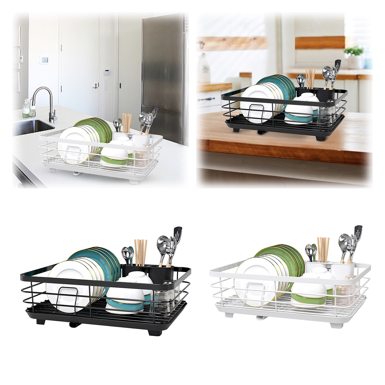 Expandable Dish Drying Rack - Single Layer Dish Drainer with Cutlery Holder & Cup Holder - Large Capacity Countertop Organizer for Plates, Bowls - Auto-Draining Kitchen Dish Rack