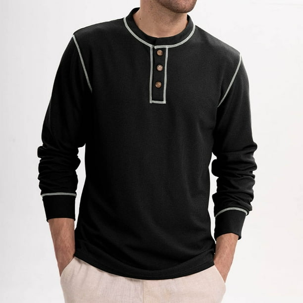 pstuiky Camisas casuales de manga larga para hombre, Sudadera informal de color liso con botones y manga larga y cuello redondo para hombre camisetas de hombre m