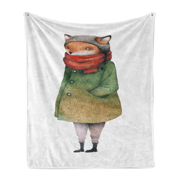 Cartoon Soft Flannel Fleece Throw Blanket, Winter Fox in a Coat Red Scarf Plain Background, Cozy Plush for Indoor and Outdoor Use, 50" x 60", Multicolor, by Ambesonne