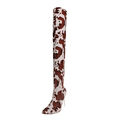 

iOPQO Women s Over-The-Keen Boots Women Cow Pattern Thin Heels Over The Knee High Tube Boots Pointed Toe Shoes pointed toe leather stiletto Brown 41
