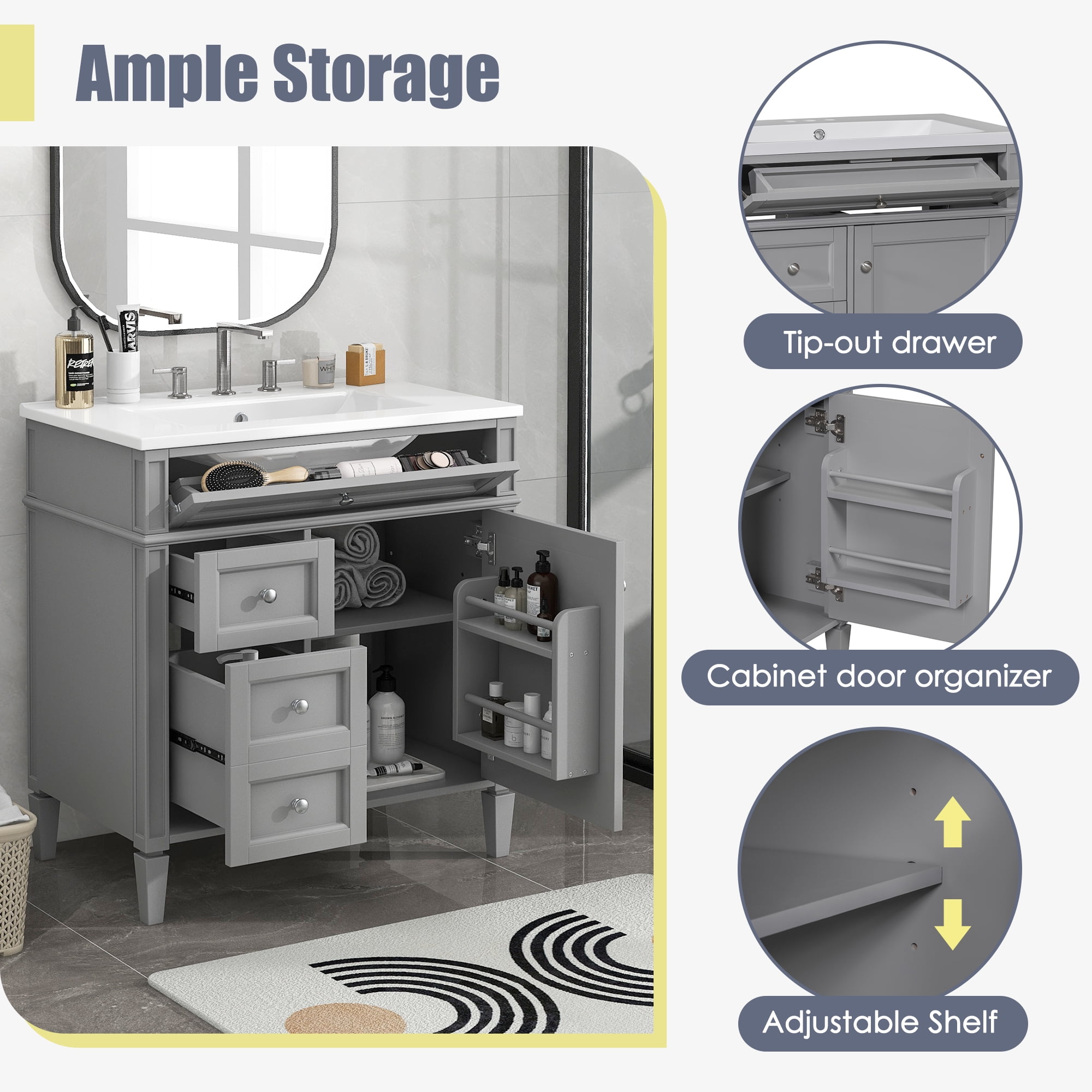 Harper & Bright Designs 30" Bathroom Vanity with Sink, Bathroom Storage Cabinet with Drawers, Single Sink Bathroom Vanity, Grey