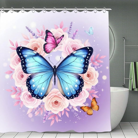 Blue Purple Butterfly Print Shower Curtain,Modern Fabric Waterproof Shower Curtain Set with Hooks 70.8×70.8Inch (180×180cm)