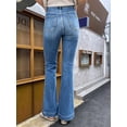 thumbnail image 7 of Women's High Waisted Flare Denim Jeans, Medium Blue Washed, with Front Patch Pockets and Wide Cuffed Hem, Bootcut Long Pants, 7 of 7