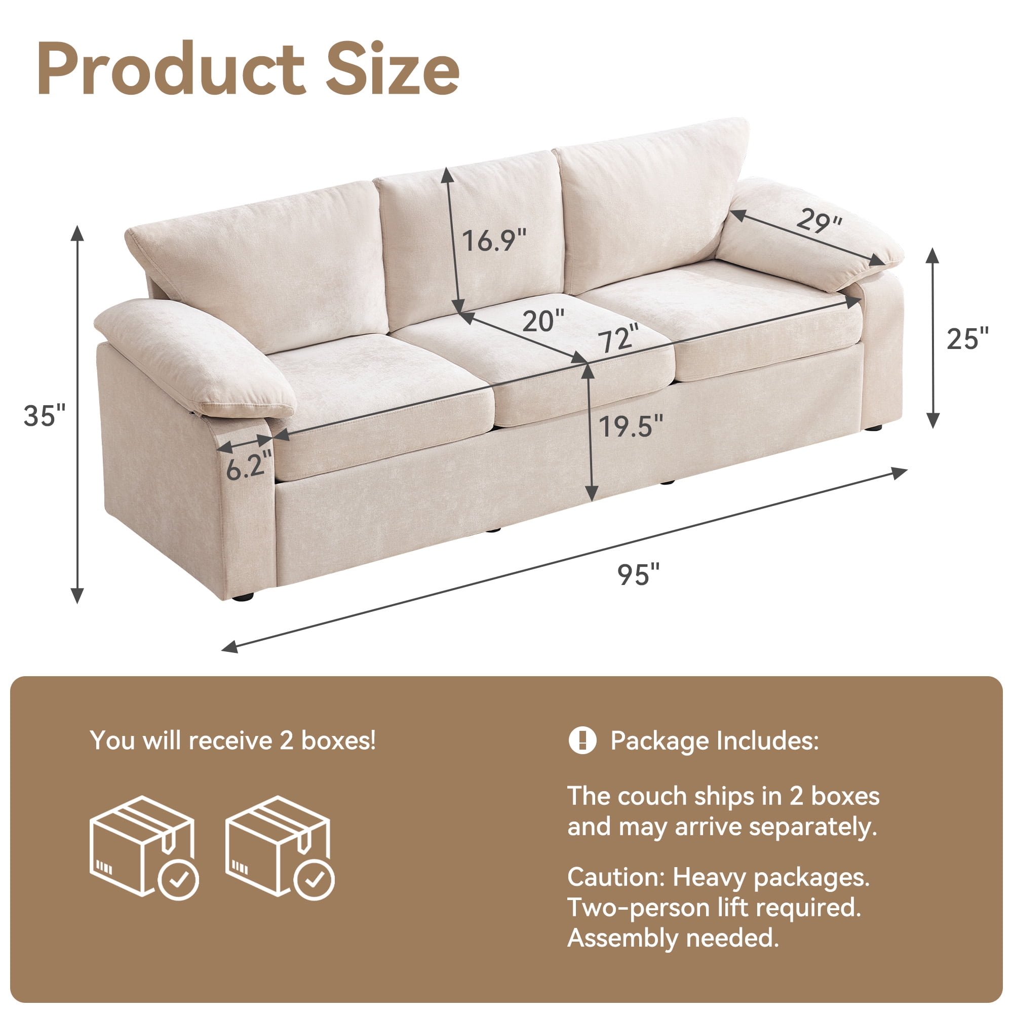 HASLE Oversized 3 Seat Living Room Sofa, 95" Soft Chenille Deep Seat Couch with Armrest, Hidden Support Legs, Stylish Sofa, Beige