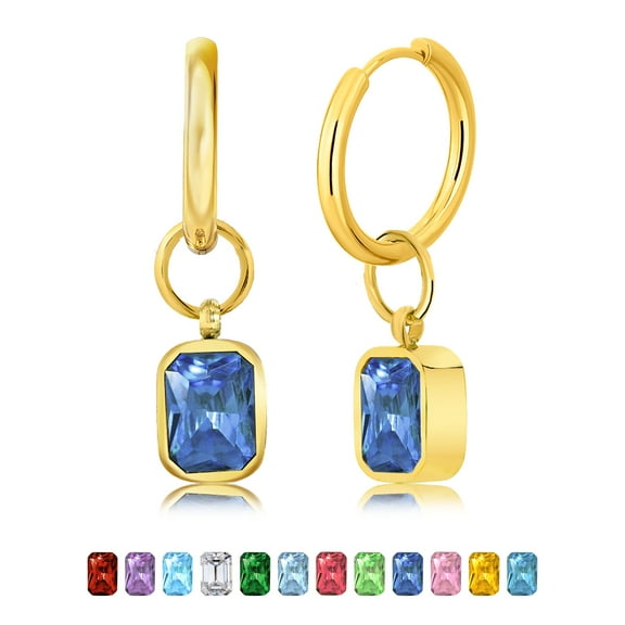 JeenMata 2 Carat Emerald Cut - Blue Sapphire - September Birthstone Bezel Huggie Hoop Earrings - Yellow Gold Plated