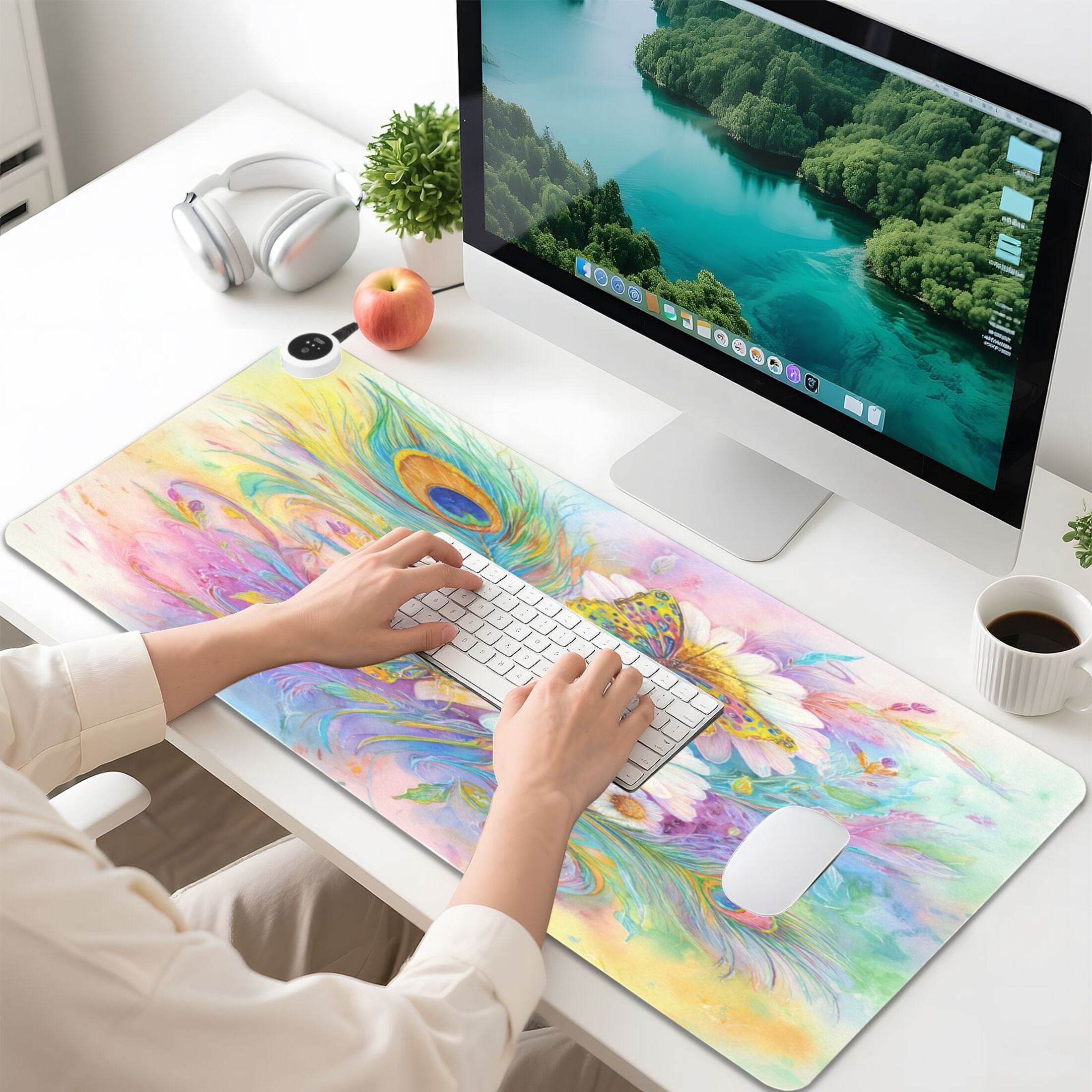 Large Heated Desk Mat Mouse Pad 31.5"x13"PU Leather Graphene Heating Desk Warmer with 3 Temperature Settings 110V US Plug Non-Slip Warm Pad for Home, Office, and Gaming Peacock Feathers Art Pattern