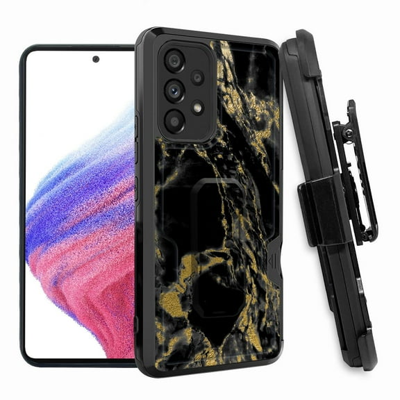 ANJ  Rugged Shockproof Hoster Case w/Card Slot, Kickstand   Tempered Glass Cover for Samsung Galaxy A33 5G - Black/Gold Marbling