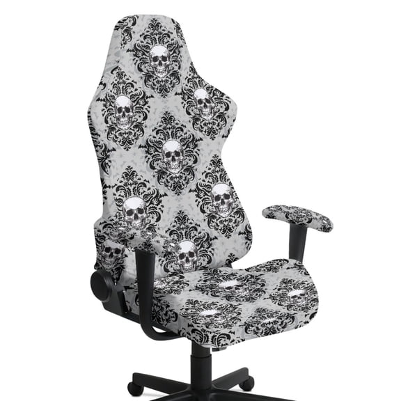 Whosucclay Grey Skull Floral Print Gaming Chair Cover, Stretchable Elastic Computer Desk Chair Cover with Armrest Covers, 4Pcs Soft Non Fading Office Chairs Covers Slipcovers