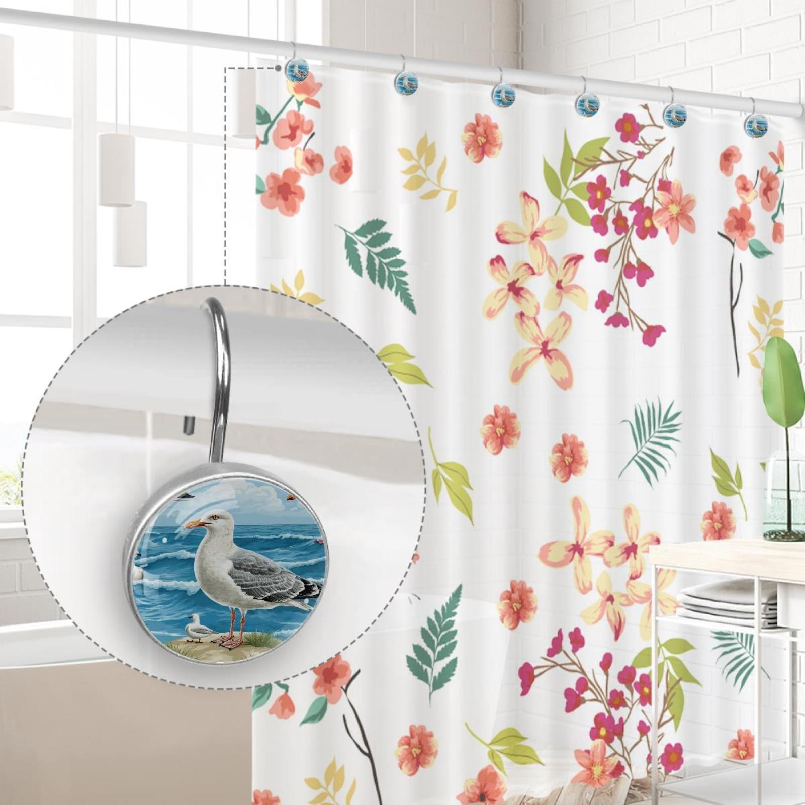 Seagull Standing on Sea Wave Stone Shower Curtain Hooks Round Crystal Glass, Set of 12 Shower Curtain Rings - Shower Hooks for Curtain Shower Rings