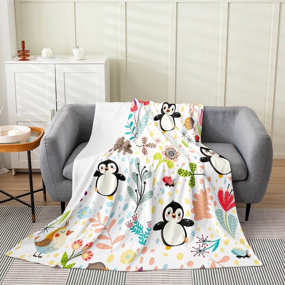 Cartoon Penguin Blanket Twin 60x80,Kawaii Animals Flowers Warm Throw Blanket,Cute Florals Printed Fleece Blanket For Sofa Bed,Black White Winter Luxury Soft Fuzzy Blanket