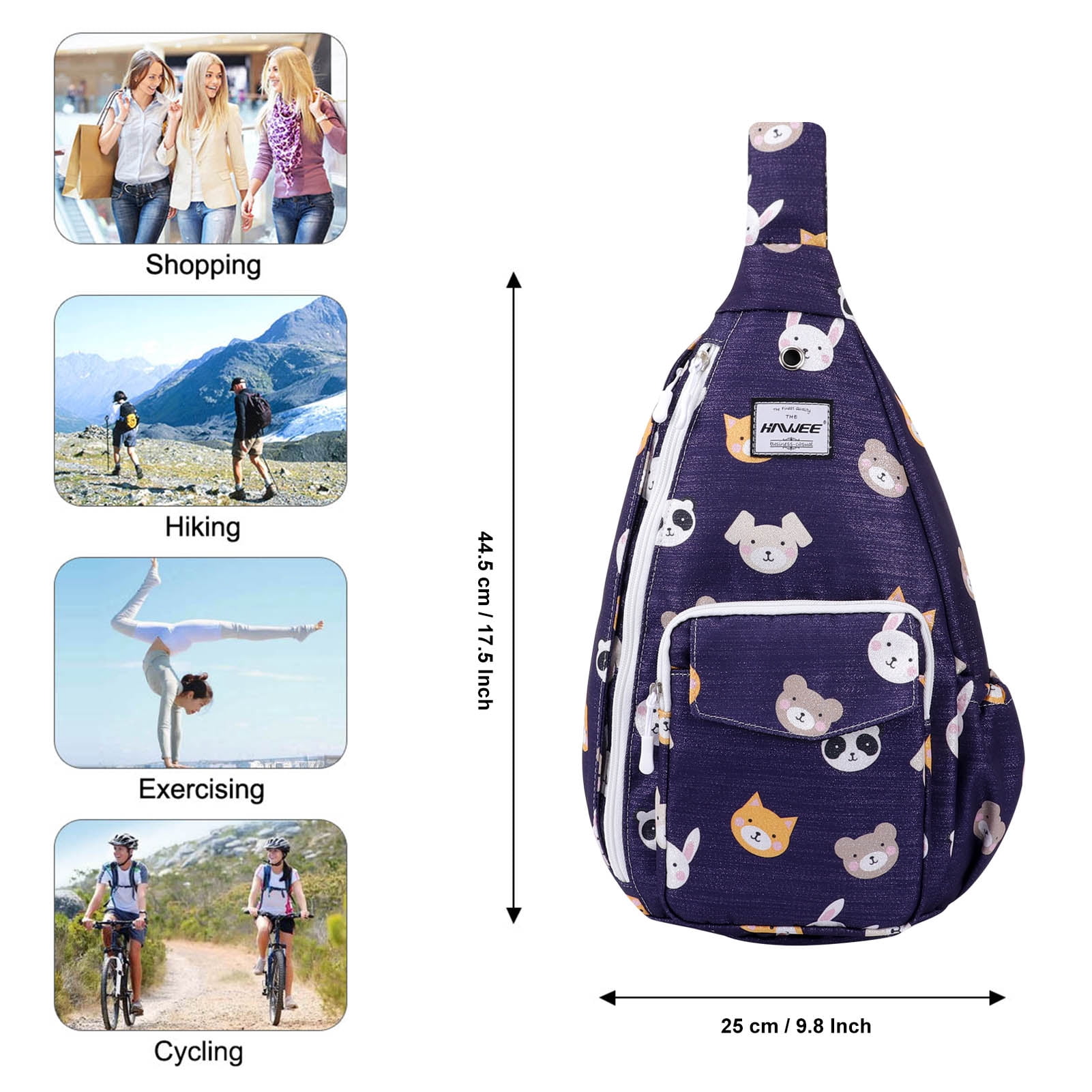HAWEE Waterproof Crossbody Bag forWomens Chest Sling Backpack with Bear Rabbit Print, Bear