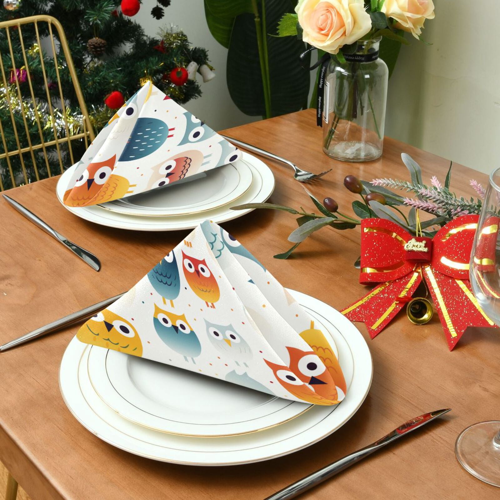 JSTEL Cute Rainbow Owl Cloth Napkins Set of 6, 20x20 Inch Washable and Reusable Napkin for Decoupage Dinner Party Everyday Use