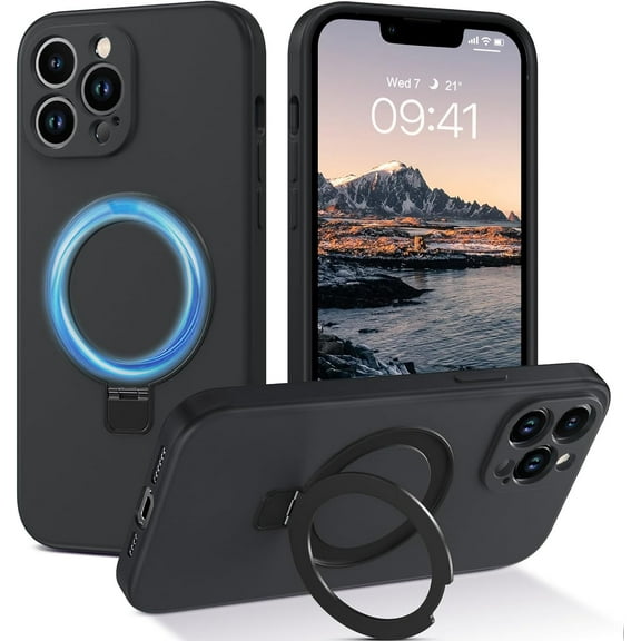 iPhone 13 Pro Max Case, iPhone 13 Pro Max Liquid Silicone Case with Invisible Magnetic Kickstand Compatible with MagSafe, with Microfiber Lining Silicone Case for iPhone 13 Pro Max, Black