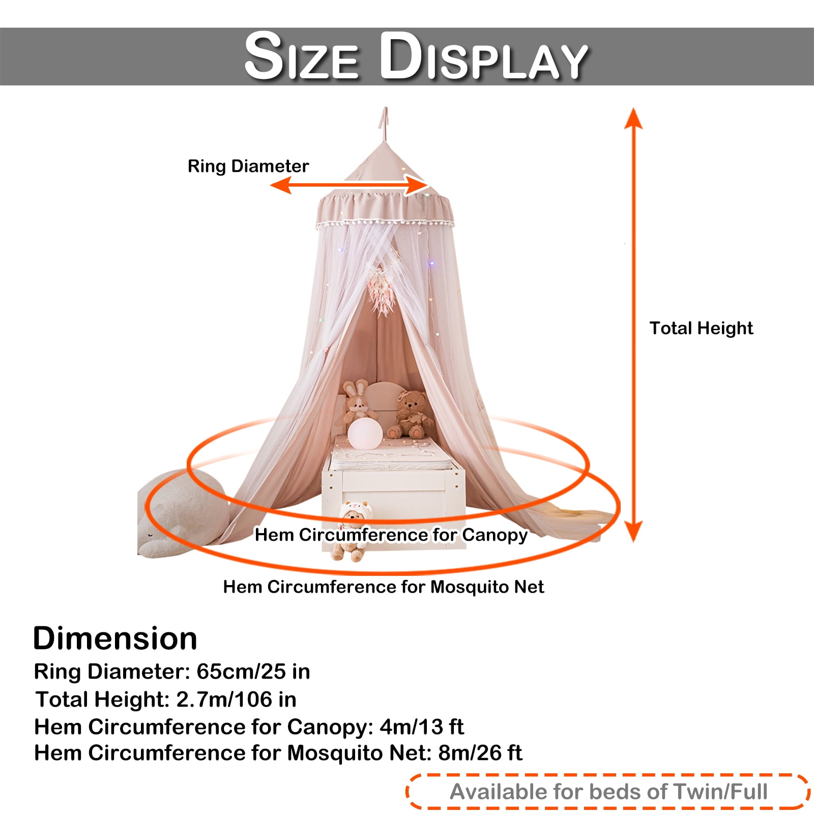 Qelus Bed Canopy for Kids' Bed, Double Layer Canopy Bed Curtains Pompom Ceiling-Mounted Mosquito Net Foldable Prince Princess Cute Tent for Children Reading Nook