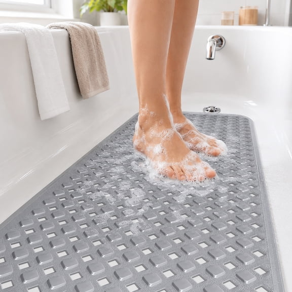 Bathtub Mat Non Slip Bath Mat for Tub Shower Mat Dinosam Bath Tub Mat 16 x 35 Extra Long Rubber Bath Mat, Suction Cups, Drain Holes, Machine Washable Bathroom Mat,Gray