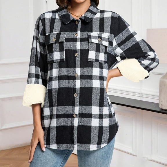 DAFPZW Womens Sherpa Fleece Lined Flannel Shirt Jacket Winter Warm Button Down Plaid Jackets Coats with Pockets