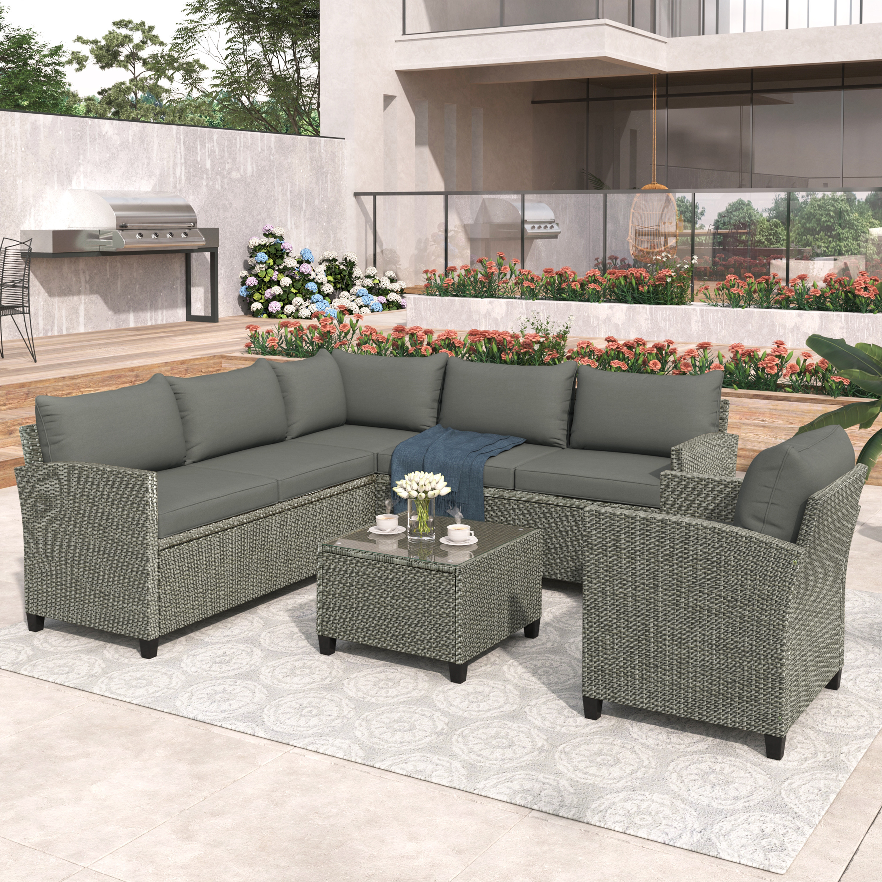 Garden Patio Conversation Set, BTMWAY 5 Piece Outdoor Sectional Sofa Couch Patio Furniture Sets with Glass Table, Cushions and Single Chair, PE Wicker Patio Sofa Sets for Garden Backyard Poolside Lawn - image 1 of 9