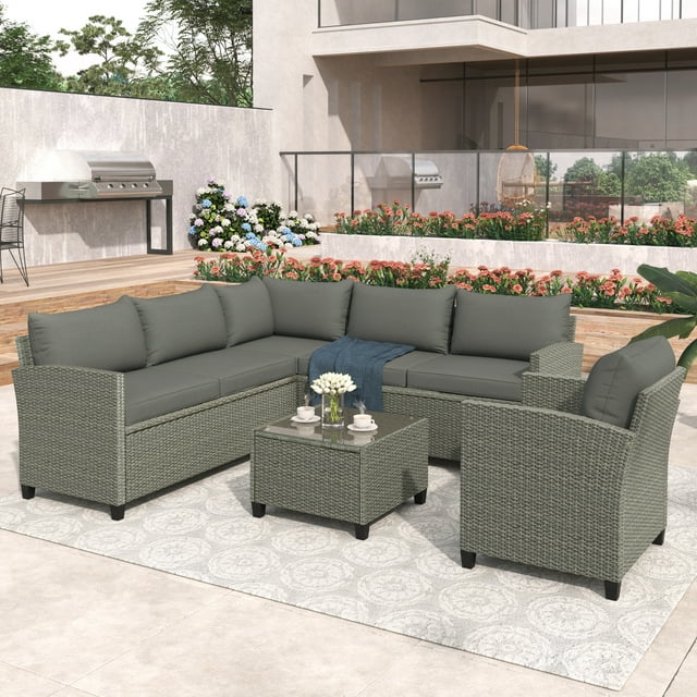 Garden Patio Conversation Set, BTMWAY 5 Piece Outdoor Sectional Sofa Couch Patio Furniture Sets with Glass Table, Cushions and Single Chair, PE Wicker Patio Sofa Sets for Garden Backyard Poolside Lawn